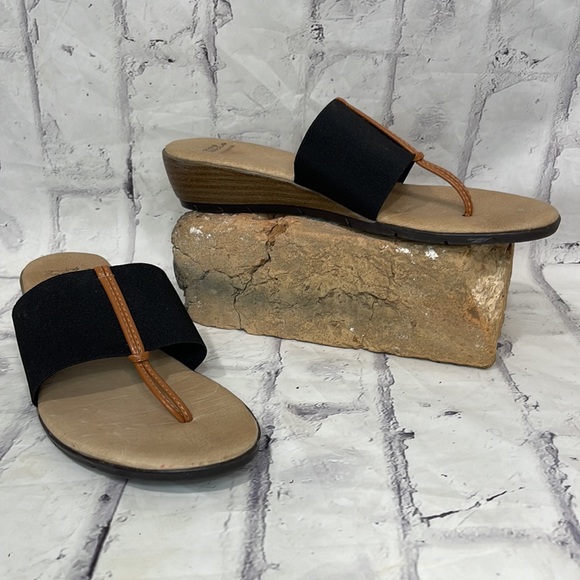 Andre Assous Nice Featherweights Sandal Brown Leather Black Stretch Stacked Heel - Picture 1 of 11